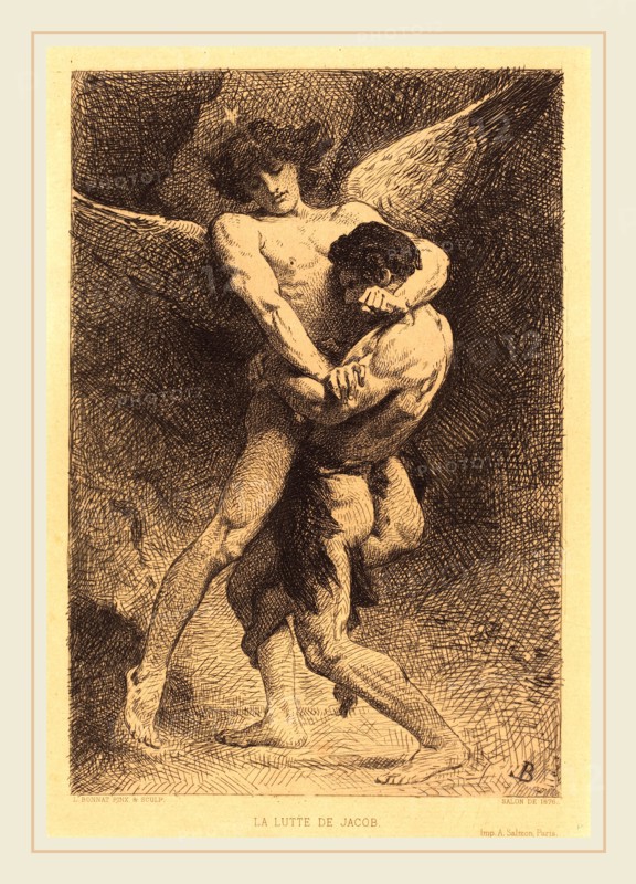Léon Bonnat, French (1833-1922), La Lutte de Jacob (Jacob Wrestling with the Angel), 1876, drypoint in black on laid paper