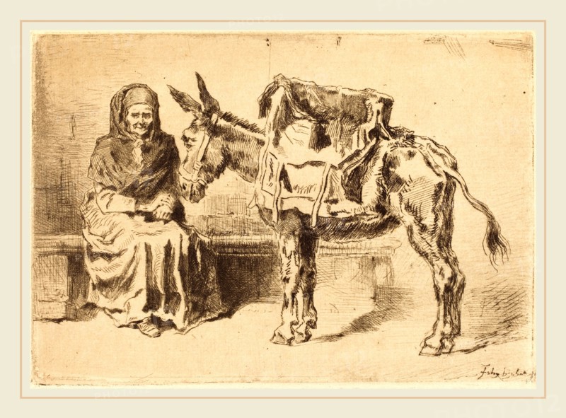 Félix-Hilaire Buhot, French (1847-1898), CacoletiÃ¨re Assise (Seated Woman and Ass), 1875, drypoint on laid paper
