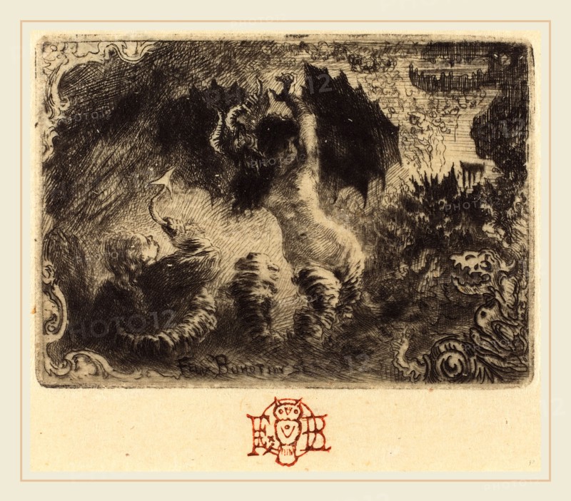 Félix-Hilaire Buhot, French (1847-1898), Jacques Cazotte's "Le Diable amoureux" (1st vignette), 1878, etching and drypoint in black on thin Japanese paper