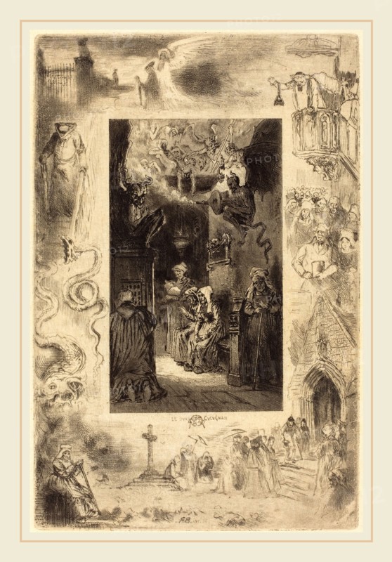 Félix-Hilaire Buhot, French (1847-1898), Le Curé de Cucugnan (The Vicar of Cucugnan), c. 1885, etching, drypoint, aquatint (spirit ground), spit bite, and roulette in black on Japanese paper