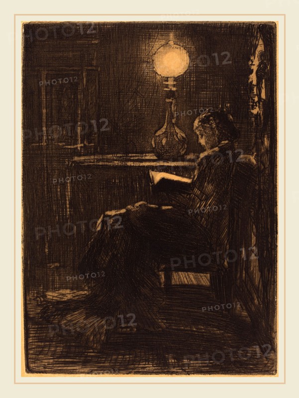 Félix-Hilaire Buhot, French (1847-1898), Liseuse Ã  la Lampe (Woman Reading by Lamplight), 1879, etching with scraping and burnishing in black on brown wove paper
