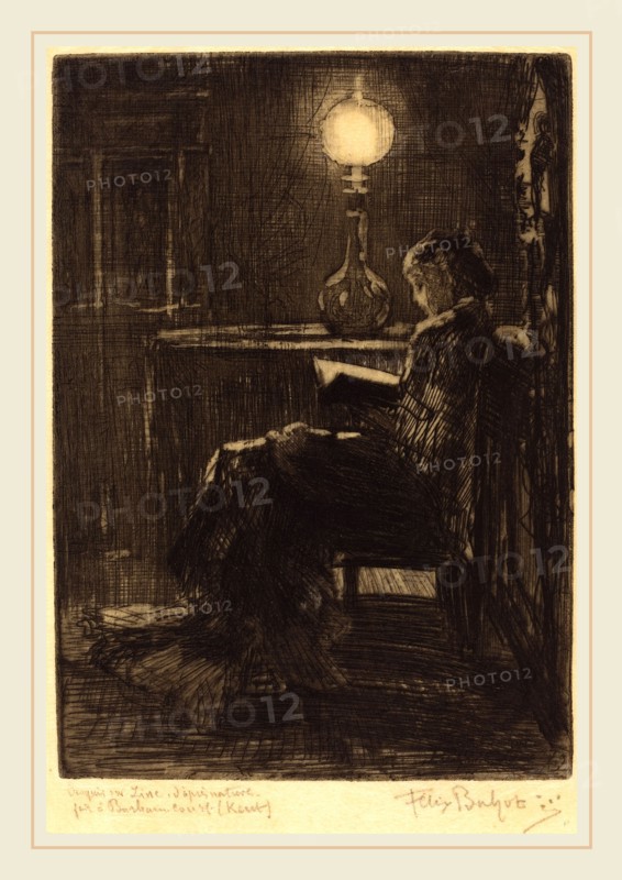 Félix-Hilaire Buhot, French (1847-1898), Liseuse Ã  la Lampe (Woman Reading by Lamplight), 1879, etching with scraping and burnishing in black on thin tissue paper