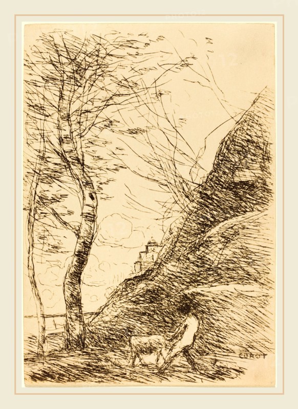 Jean-Baptiste-Camille Corot, French (1796-1875), Shepherd Struggling with a Goat (Berger luttant avec sa chevre), 1874, cliche-verre