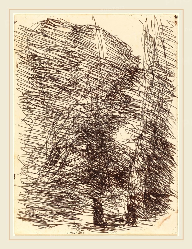 Jean-Baptiste-Camille Corot, French (1796-1875), Dreamer under Tall Trees (Le Reveur sous les grands arbres), 1874, cliche-verre