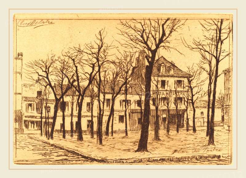 Auguste DelÃ¢tre, Place du Tertre, French, 1822-1907, etching in brown