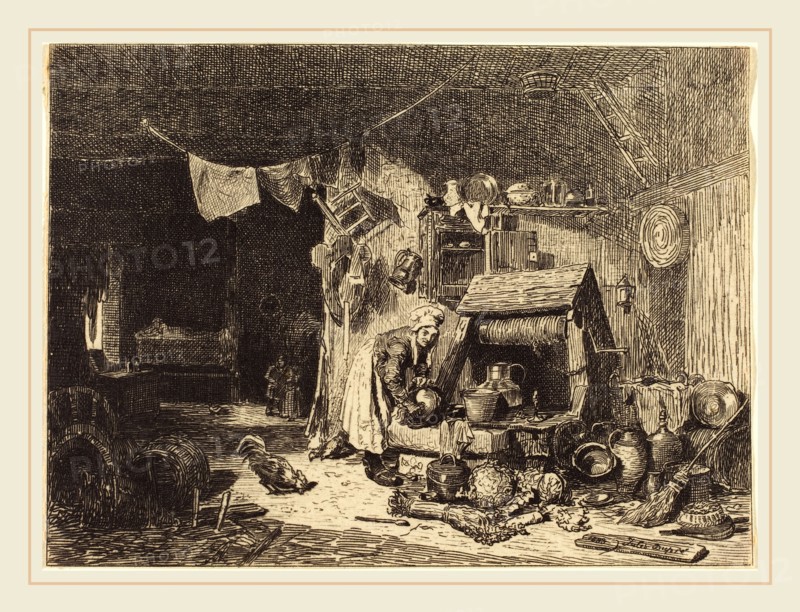 Jules Dupré, French (1811-1889), Interior of a Farmhouse, 1833, etching