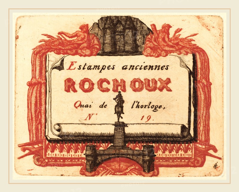 Charles Meryon, French (1821-1868), Adresse de Rochoux, Marchand d'estampes (The Address-Card of Rochoux, a Printseller), probably 1856, etching in red and black
