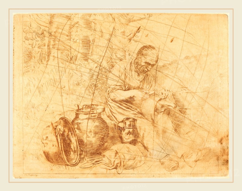 Felix Régamey after Alphonse Legros, The Tinker (Le retameur), French, 1844-1907, etching in brown [cancellation proof]