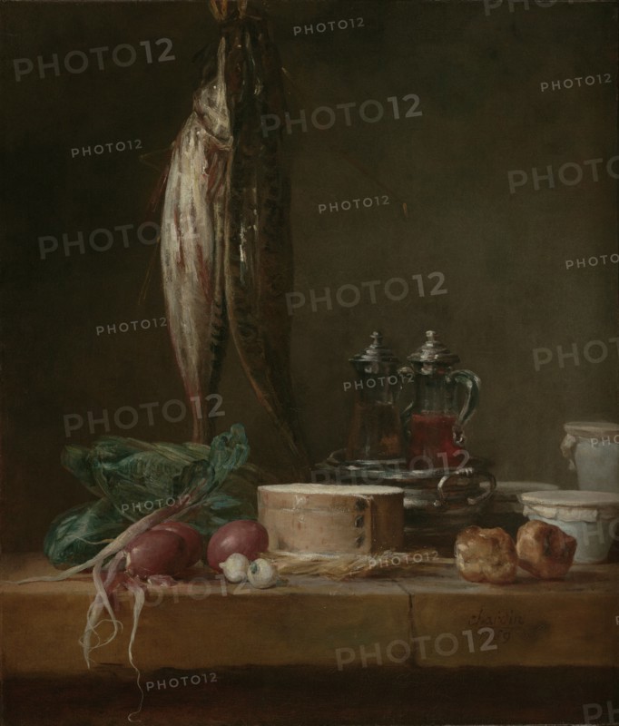 Still Life with Fish, Vegetables, GougÃ¨res, Pots, and Cruets on