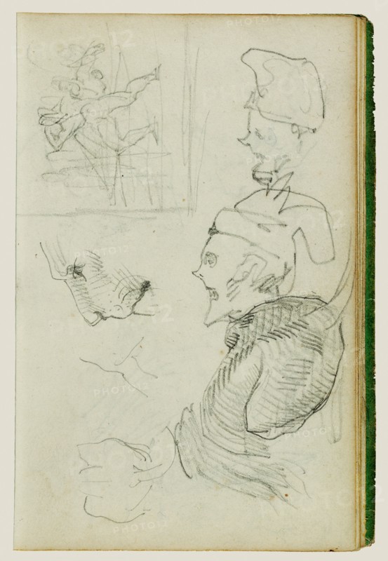 Studies of lion, compositional group figure study, two caricatur