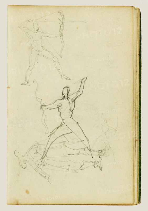 Three studies of a nude man with bow and arrow, standing cavalie