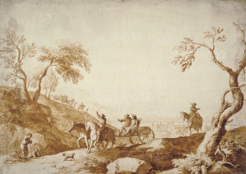 Landscape with Travellers, Two Riding in a Carriage Driven by a