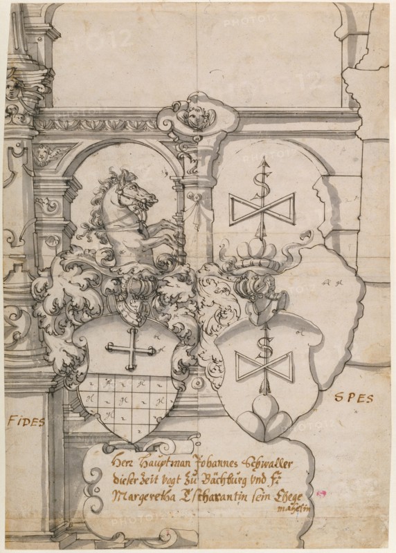 Stained Glass Design with Two Coats of Arms (recto),  Study of a