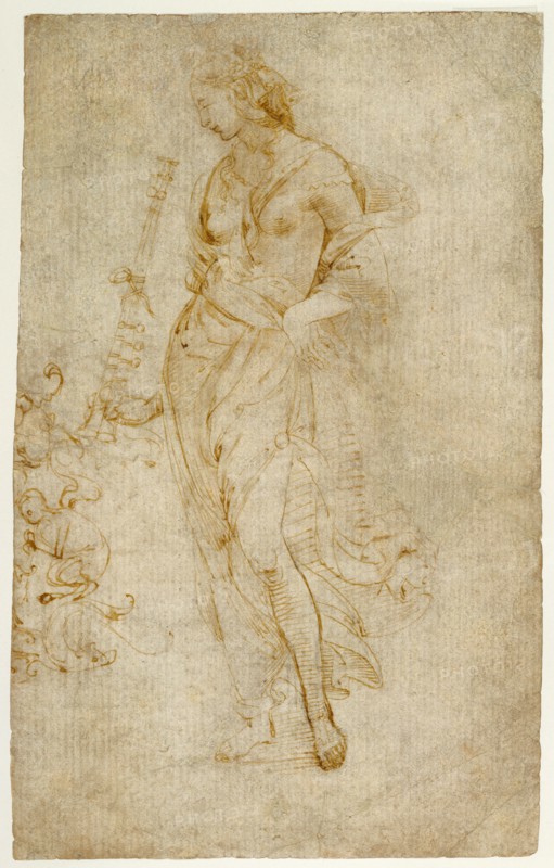 Female Figure with a Tibia, and Ornamental Studies (recto),  Orn