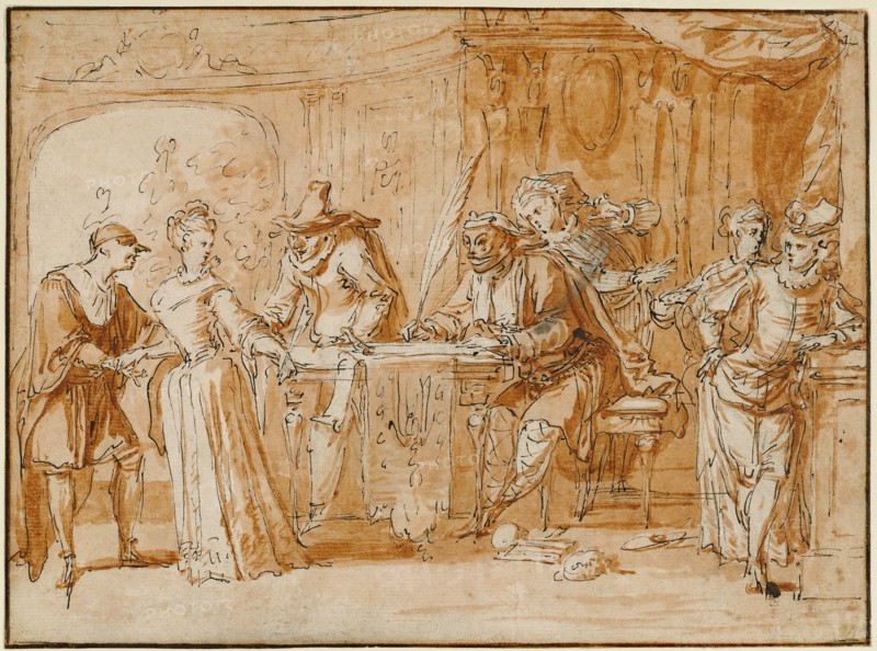 Scene from the Italian Comedy (recto),  Figure Study (verso)