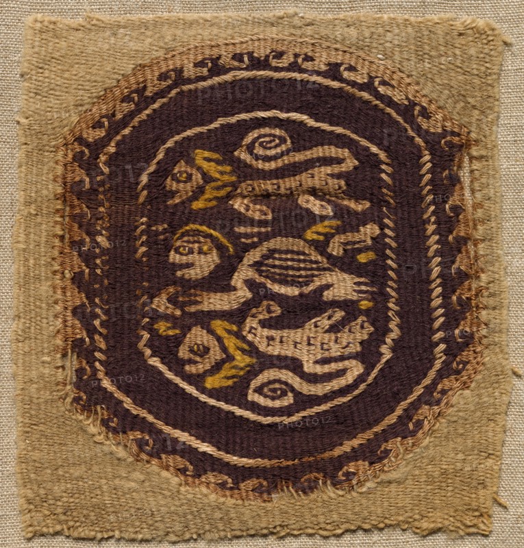 Fragment, with a Segmentum, from a Tunic, 400s - 600s. Egypt, Byzantine period, 5th - 7th century. Tabby weave with interwoven tapestry ornament, linen and wool; overall: 12.8 x 12.1 cm (5 1/16 x 4 3/4 in.)