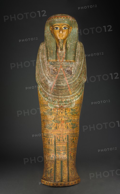 Coffin of Bakenmut (lid), c. 1000-900 BC. Egypt, Thebes, Third Intermediate Period, late Dynasty 21 (1069-945 BC) - early Dynasty 22 (945-924 BC). Gessoed and painted sycamore fig; overall: 68 cm (26 3/4 in.).