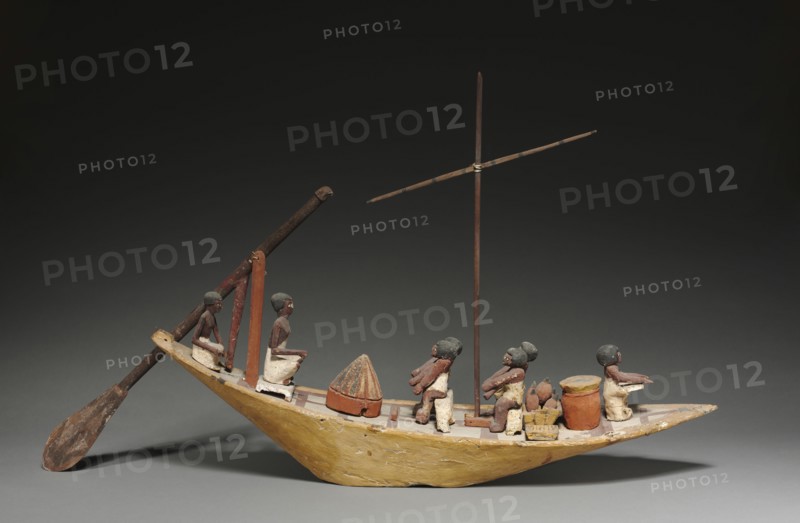Model Boat, 2040-1648. Egypt, Late Dynasty 11 to Early Dynasty 12. Gessoed and painted sycamore fig; overall: 17.2 cm (6 3/4 in.); average: 10.4 cm (4 1/8 in.).