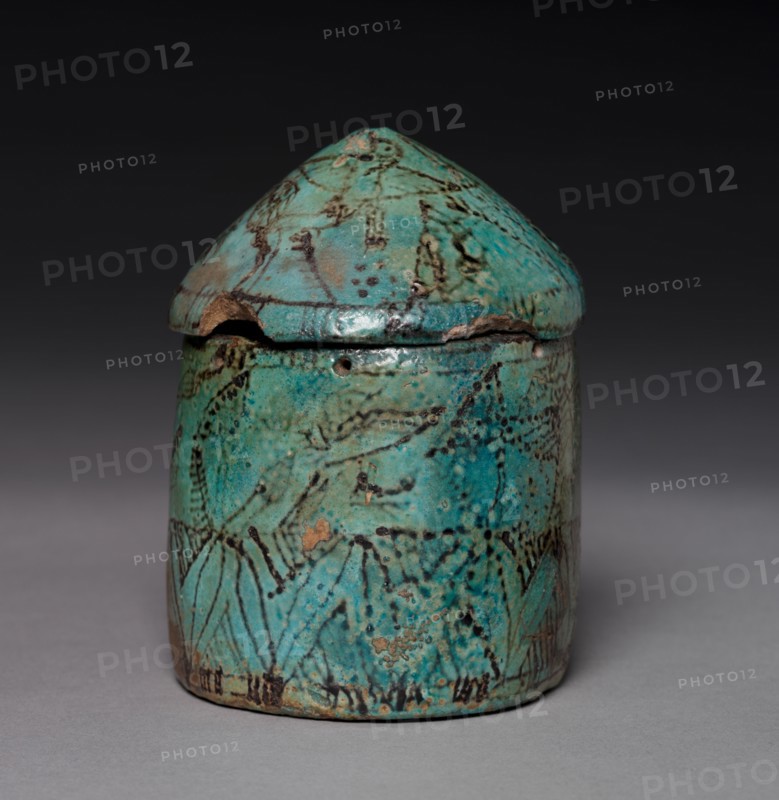 Pyxis with Lid, c. 1901-1525 BC. Egypt, Late Middle Kingdom to early New Kingdom. Turquoise faience with black decoration; overall: 11 cm (4 5/16 in.); diameter of box: 8.3 cm (3 1/4 in.).