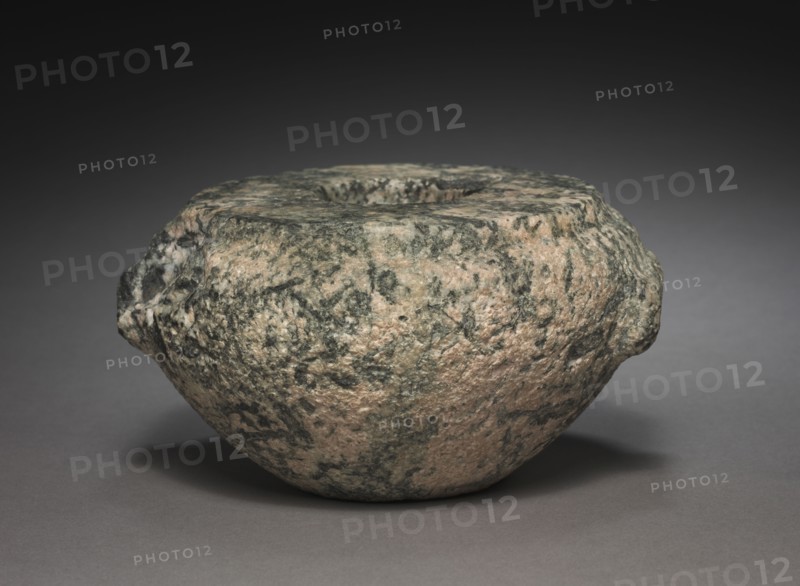 Squat Dummy Jar with Lug Handles, 2700-2573 BC. Egypt, Probably Saqqara, north of the Step Pyramid, tomb 2347, excavations by J.E. Quibell, 1910-1911, Predynastic Period, late Dynasty 2-3,. Hornblende diorite; diameter: 18.6 cm (7 5/16 in.); diameter of mouth: 5.5 cm (2 3/16 in.); overall: 10 cm (3 15/16 in.).