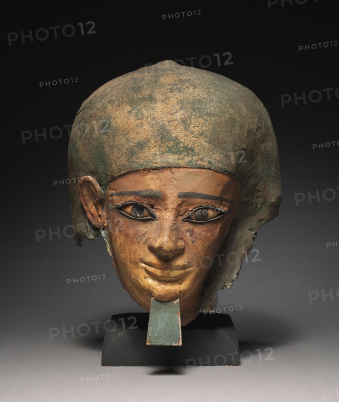 Mummy Mask of Senbi, 1980-1801 BC. Egypt, Meir, Middle Kingdom, Dynasty 12, 1980-1801 BC. Cartonage, wood, limestone, obsidian, paint; overall: 30.5 x 29.2 x 27.6 cm (12 x 11 1/2 x 10 7/8 in.).