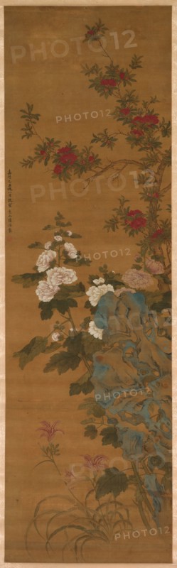 Flowers and Rocks, 1368- 1644. China, Ming dynasty (1368-1644). Hanging scroll, color on silk; overall: 162.6 x 48.6 cm (64 x 19 1/8 in.).