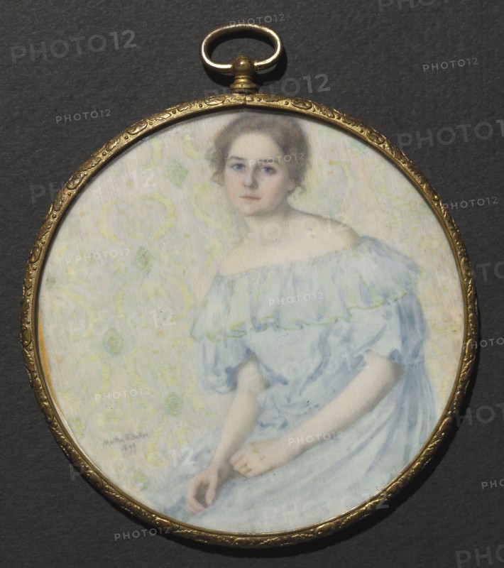 The Blue Gown (Portrait of Ethel Coe), 1899. Martha S. Baker (American, 1871-1911). Watercolor on ivory; diameter: 10 cm (3 15/16 in.); diameter of frame: 10.8 cm (4 1/4 in.).