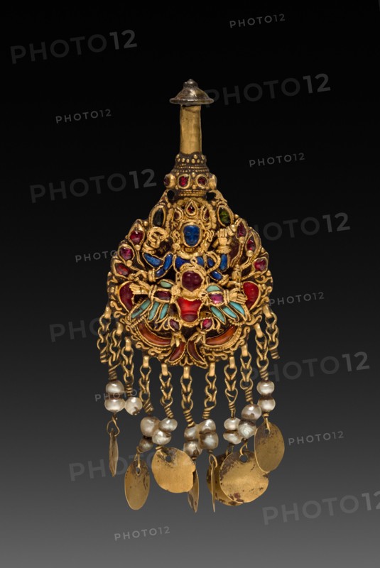 Earring with Vishnu Riding Garuda, 1600s. Nepal, Kathmandu Valley. Gold set with jewels and semi-precious stones; overall: 2.6 cm (1 in.).