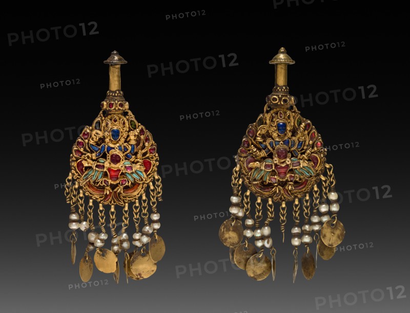 Pair of Earrings with Vishnu Riding Garuda, 1600s. Gold set with jewels and semi-precious stones;