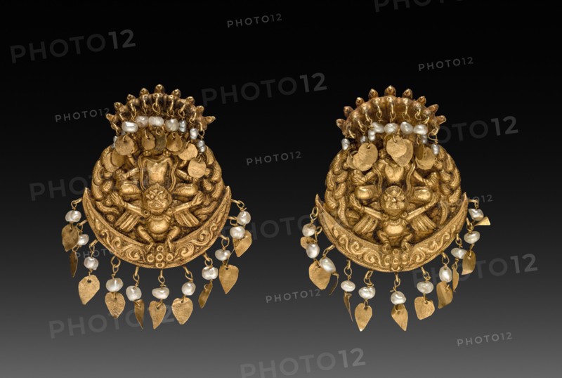 Pair of Earrings with Four-Armed Vishnu Riding Garuda with Nagas (serpent divinities), 1600s or 1700s. Nepal, Kathmandu Valley. Repousse gold with pearls;