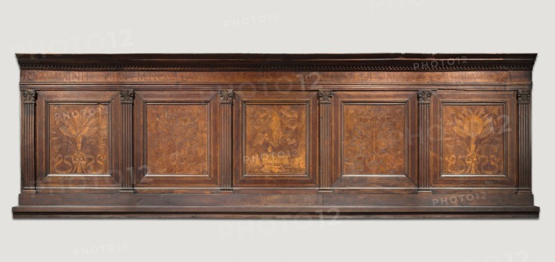 Upper Paneling from a Sacristy Armoire, c. 1460-1475. Attributed to Giuliano da Maiano (Italian, 1432-1490). Walnut, inlaid with holly and ebony; overall: 160 x 476 x 69.2 cm (63 x 187 3/8 x 27 1/4 in.).