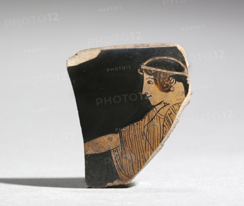 Fragment of a Painted Vase: Head Facing Left, c. 470-460 BC. Greece, said to be from Orvieto, 5th century BC. Earthenware; overall: 0.4 cm (3/16 in.).
