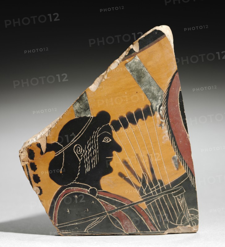 Fragment of a Painted Vase: Head of a Musician Playing a Lyre, c. 520 BC. Greece, Necropolis of Ferentum (Viterbo), 6th century BC. Earthenware; overall: 1.1 x 0.8 cm (7/16 x 5/16 in.).