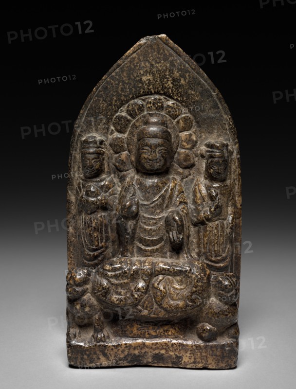 Buddha Triad, 568. China, Eastern Zhou dynasty (771-256 BC). Stone; overall: 21.3 x 11.7 cm (8 3/8 x 4 5/8 in.).
