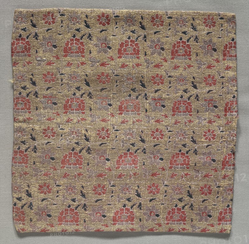 Fragments, 1700s. Iran, 18th century. Silk, brocaded, with metal thread weft; overall: 18.5 x 19.1 cm (7 5/16 x 7 1/2 in.)