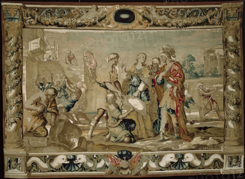 Dido shows Aeneas the plans for the fortifications of Carthage, 1679. Giovanni Francesco Romanelli (Italian, 1610-1662), Michael Wauters (Flemish, 1679). Tapestry weave: silk and wool; overall: 416.4 x 563.6 cm (163 15/16 x 221 7/8 in.)