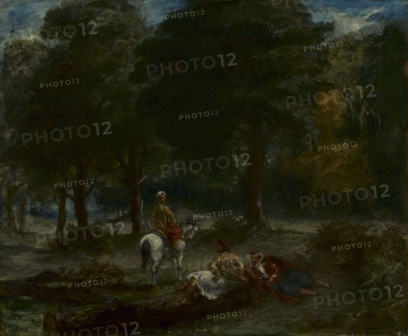 Greek Cavalry Men Resting in Forest, 1858. Eugène Delacroix (French, 1798-1863). Oil on fabric; framed: 76 x 87.5 x 7.5 cm (29 15/16 x 34 7/16 x 2 15/16 in.); unframed: 50.4 x 61.5 cm (19 13/16 x 24 3/16 in.).