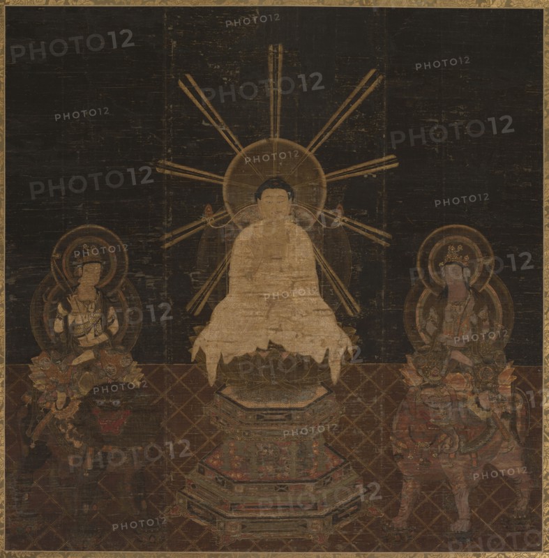 Shaka attended by Fugen and Monju, 1185-1333. Japan, Kamakura period. Hanging scroll; ink and color with gold outline; including mounting: 226 x 140.7 cm (89 x 55 3/8 in.).