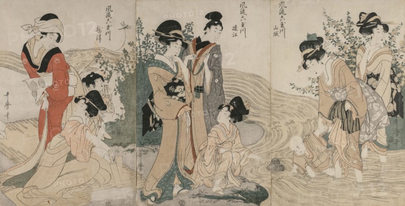 Musashi, Omi, Yamashiro, and Settsu Provinces from the series Fashionable Six Jewel Rivers (Furyu Mu Tamagawa), c. 1804. Kitagawa Utamaro (Japanese, 1753?-1806). Polychrome woodblock print; ink and color on paper; overall: 39.2 x 27 cm (15 7/16 x 10 5/8 in.).