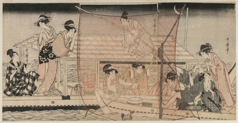 Net Fishing at Night on the Sumida River, c. 1800. Kitagawa Utamaro (Japanese, 1753?-1806). Color woodblock print; overall: 38.6 x 25.4 cm (15 3/16 x 10 in.).