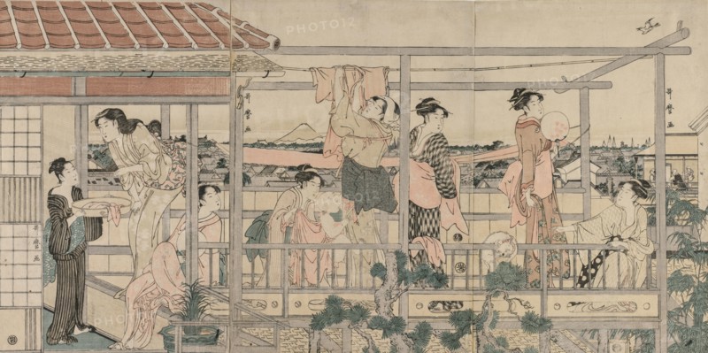 Women Hanging Laundry to Dry on a Balcony , early 1790s. Kitagawa Utamaro (Japanese, 1753?-1806). Color woodblock print; overall: 38.2 x 26 cm (15 1/16 x 10 1/4 in.).