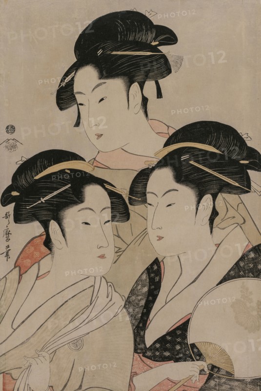 Tomimoto Toyohina, Takashimaya Ohisa, and Naniwaya Okita, c. 1794. Kitagawa Utamaro (Japanese, 1753?-1806). Color woodblock print; sheet: 37.5 x 25.4 cm (14 3/4 x 10 in.).