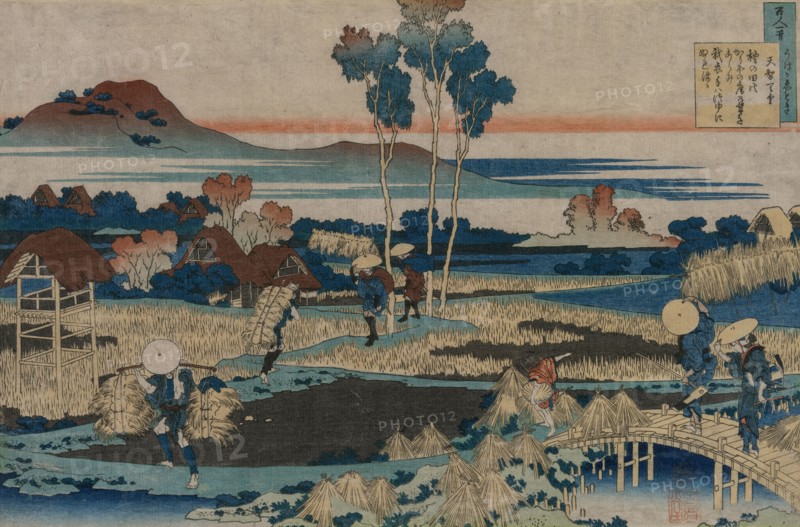 Poem by Emperor Tenchi, from the series One Hundred Poems by One Hundred Poets Explained by the Nurse, 1835-36. Katsushika Hokusai (Japanese, 1760-1849). Color woodblock print; sheet: 24.4 x 37 cm (9 5/8 x 14 9/16 in.).