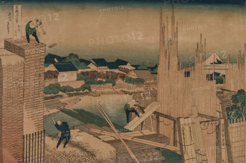 Lumber Yard, 1760-1849. Katsushika Hokusai (Japanese, 1760-1849). Color woodblock print; sheet: 26.2 x 38.8 cm (10 5/16 x 15 1/4 in.).