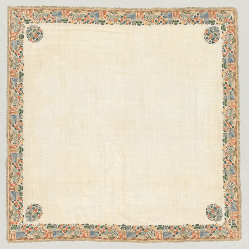 Embroidered head scarf, 1800s. Turkey. Plain weave: linen; embroidery, double-running stitch: silk, gilt-metal strips and thread; overall: 92 x 92.5 cm (36 1/4 x 36 7/16 in.)