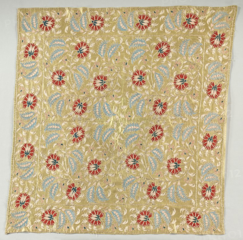 Embroidered Cover, 18th century. Turkey, 18th century. Embroidery; silk and gold filé on silk ground; average: 107.3 x 109.9 cm (42 1/4 x 43 1/4 in.).