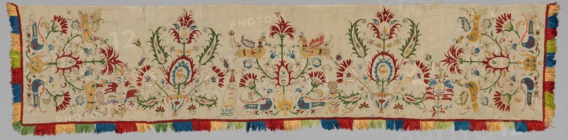 Side Panel of a Bedspread, 1700s. Greece, Sporades Islands, Skyros, 18th century. Embroidery: silk on linen tabby ground; overall: 241.3 x 57.1 cm (95 x 22 1/2 in.)