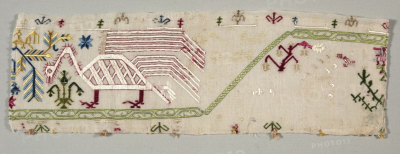 Fragment from an Embroidered Border, 1500s. Greece, Cyclades Islands, Southern Group, 16th century. Embroidery: silk on linen tabby ground; overall: 17 x 50 cm (6 11/16 x 19 11/16 in.).