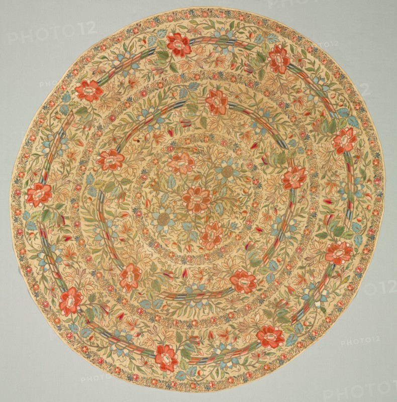 Embroidered tray cover, 1800s. Turkey. Plain weave: linen; embroidery, chain stitch: silk and gilt-metal thread; overall: 148.5 x 157 cm (58 7/16 x 61 13/16 in.)