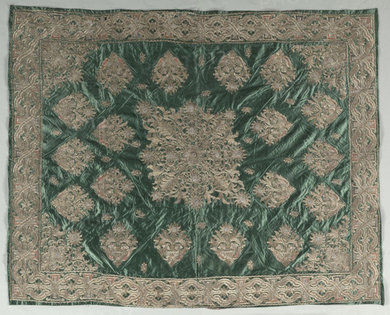 Gold-Thread Embroidered Cover, 1800s. Turkey, Ottoman period. Silk, gilt-metal, silver-metal, paper, cotton padding; satin weave, embroidery; average: 194.3 x 157.5 cm (76 1/2 x 62 in.)
